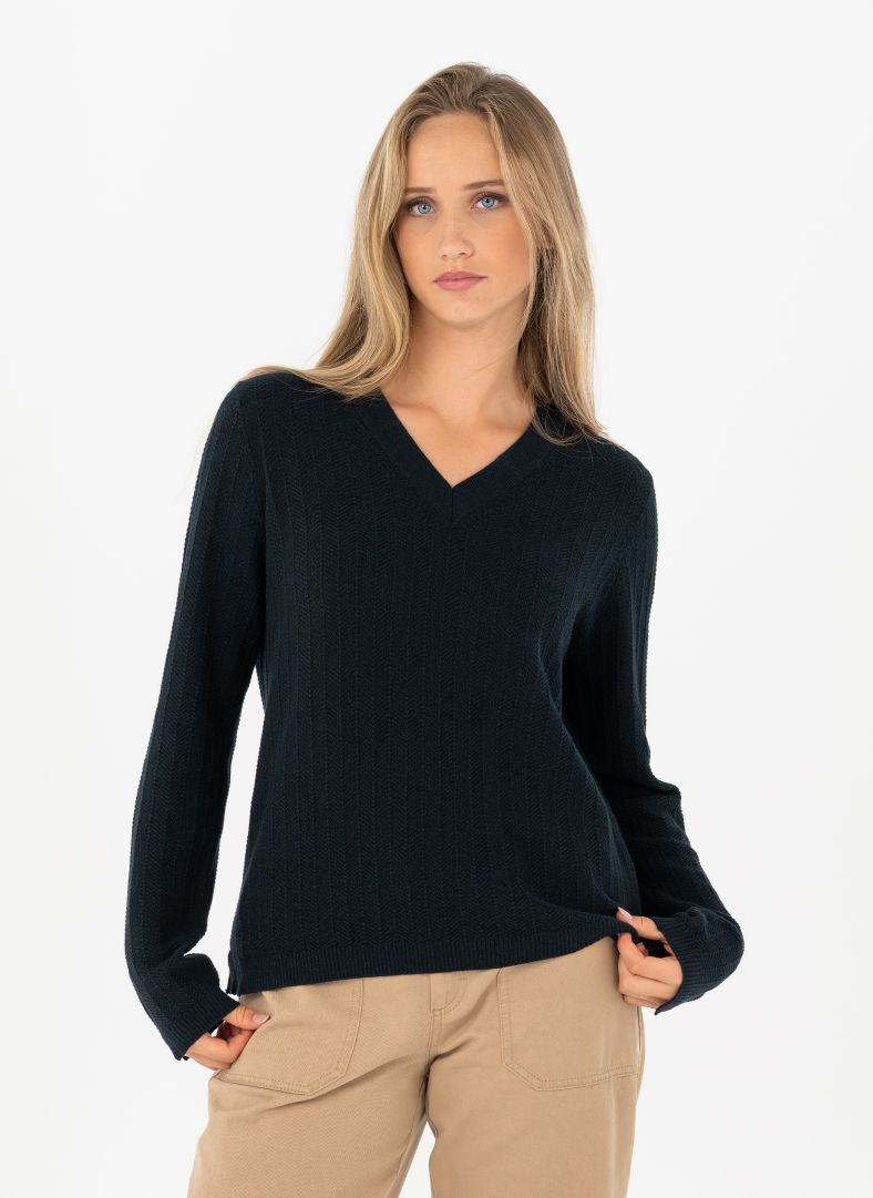 W Tiller Herringbone V-neck Dk Navy Blue
