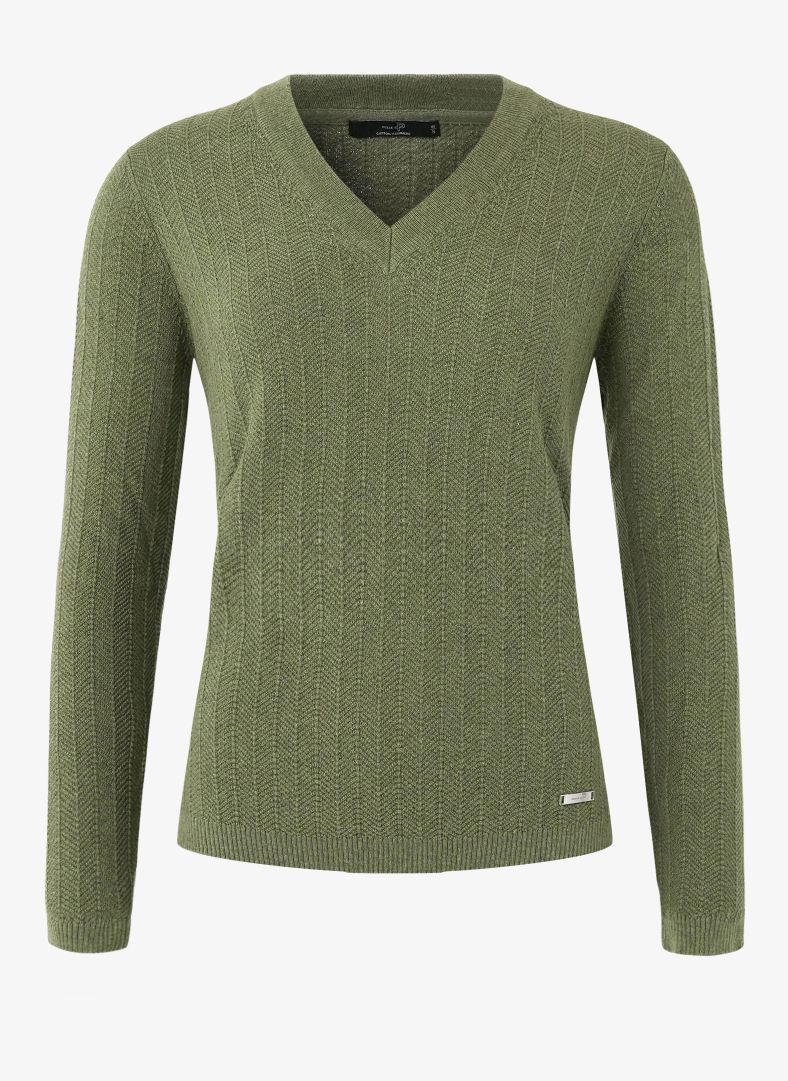 W Tiller Herringbone V-neck Kombu Green Mélange