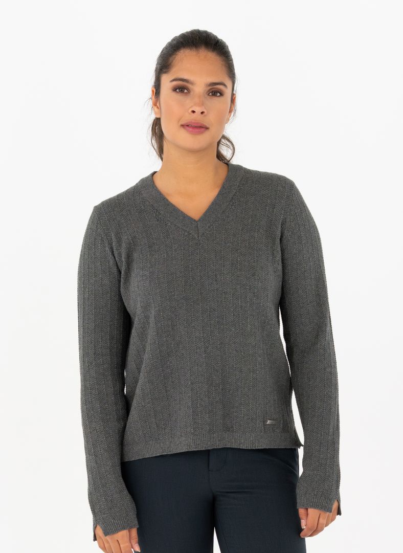W Tiller Herringbone V-neck Dk Grey Melange