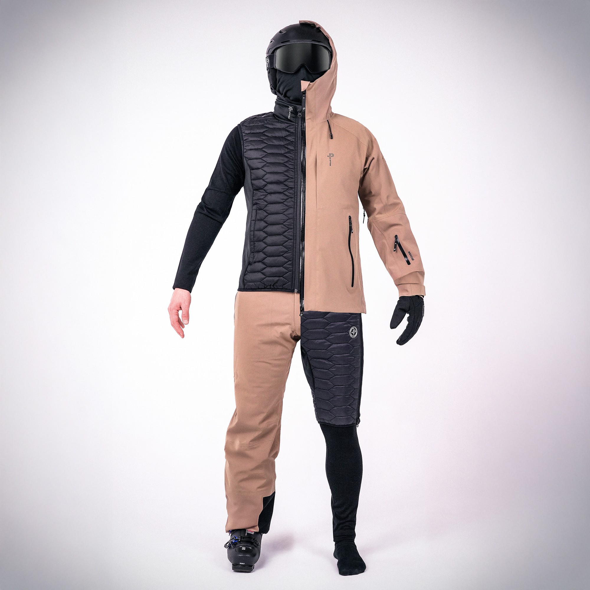 Layering guide showing a man with a base layer, midlayer and shelljacket