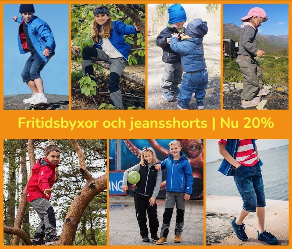 Barn som leker utomhus i Gneis fritidsbyxor och slitstarka jeans short