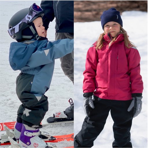 Ett litet barn med slalomskidor i Minishape overall från Gneis och ett större barn i cericefärgad overall från Gneis