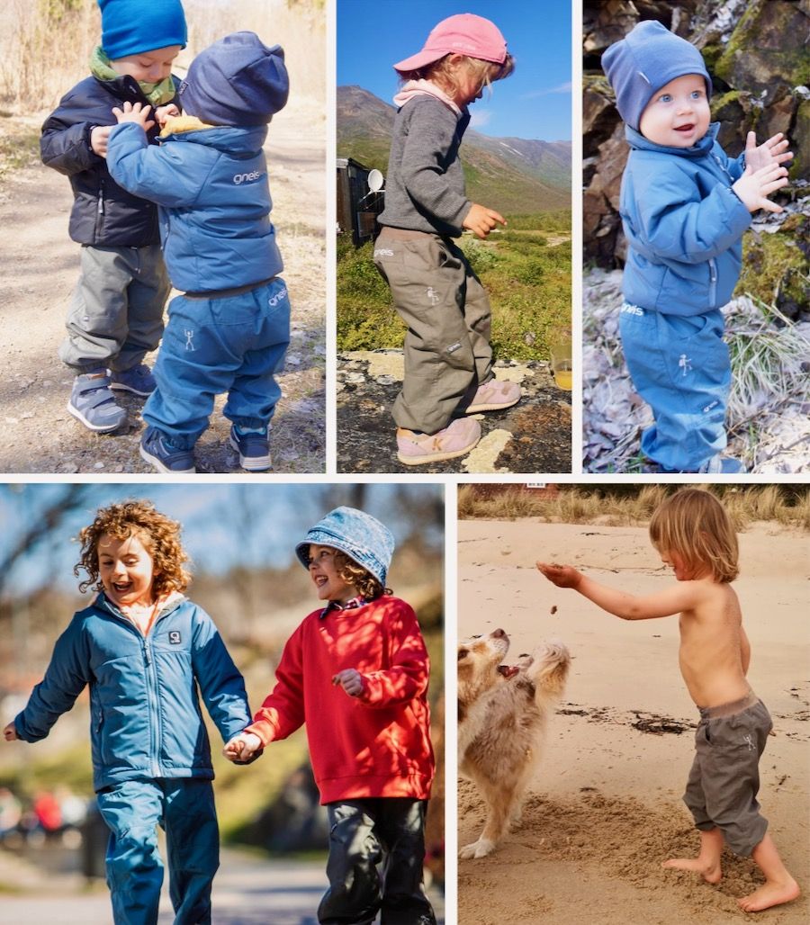 Bilder på barn ute i naturen med den sköna friluftsbyxan GLIMMER från Gneis barnkläder