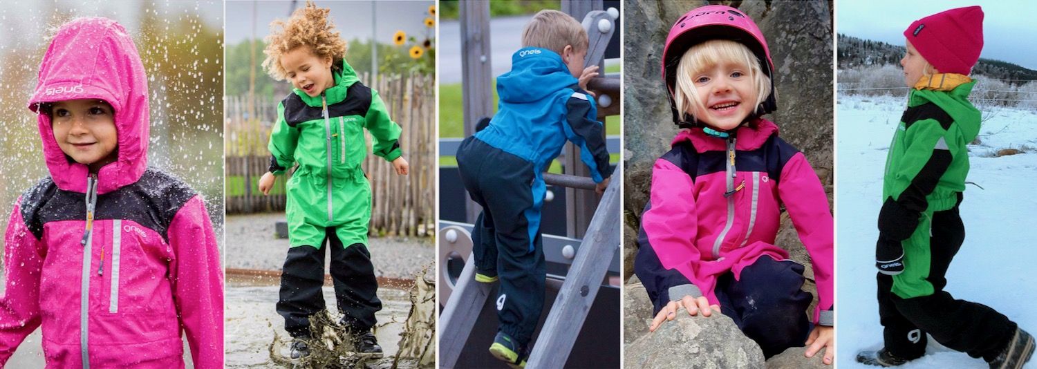 Kollage som visar barn som har på sig skaloverallen Turmalin från Gneis barnkläder.