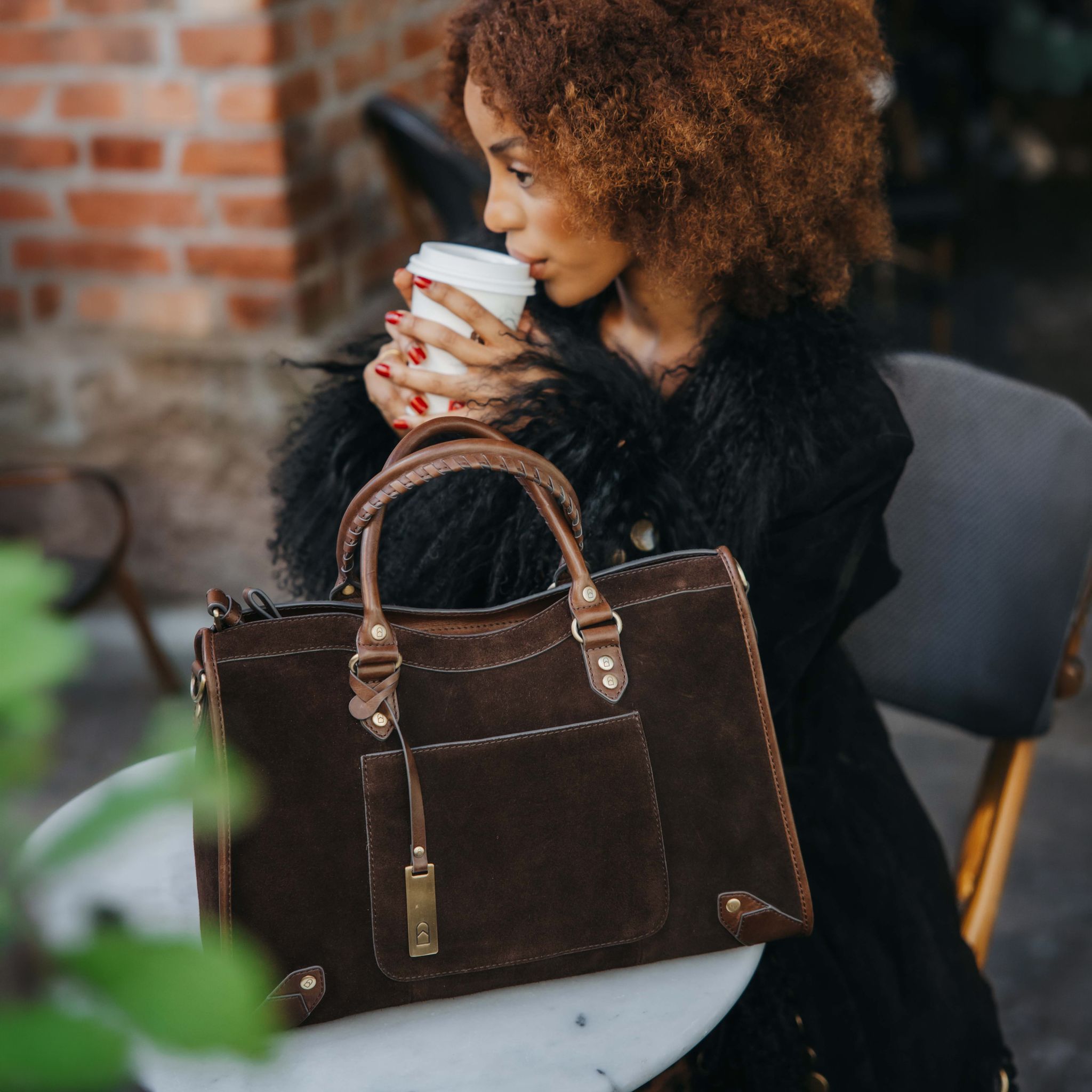 Vintage Look tote bag i skinn - Mørk brun