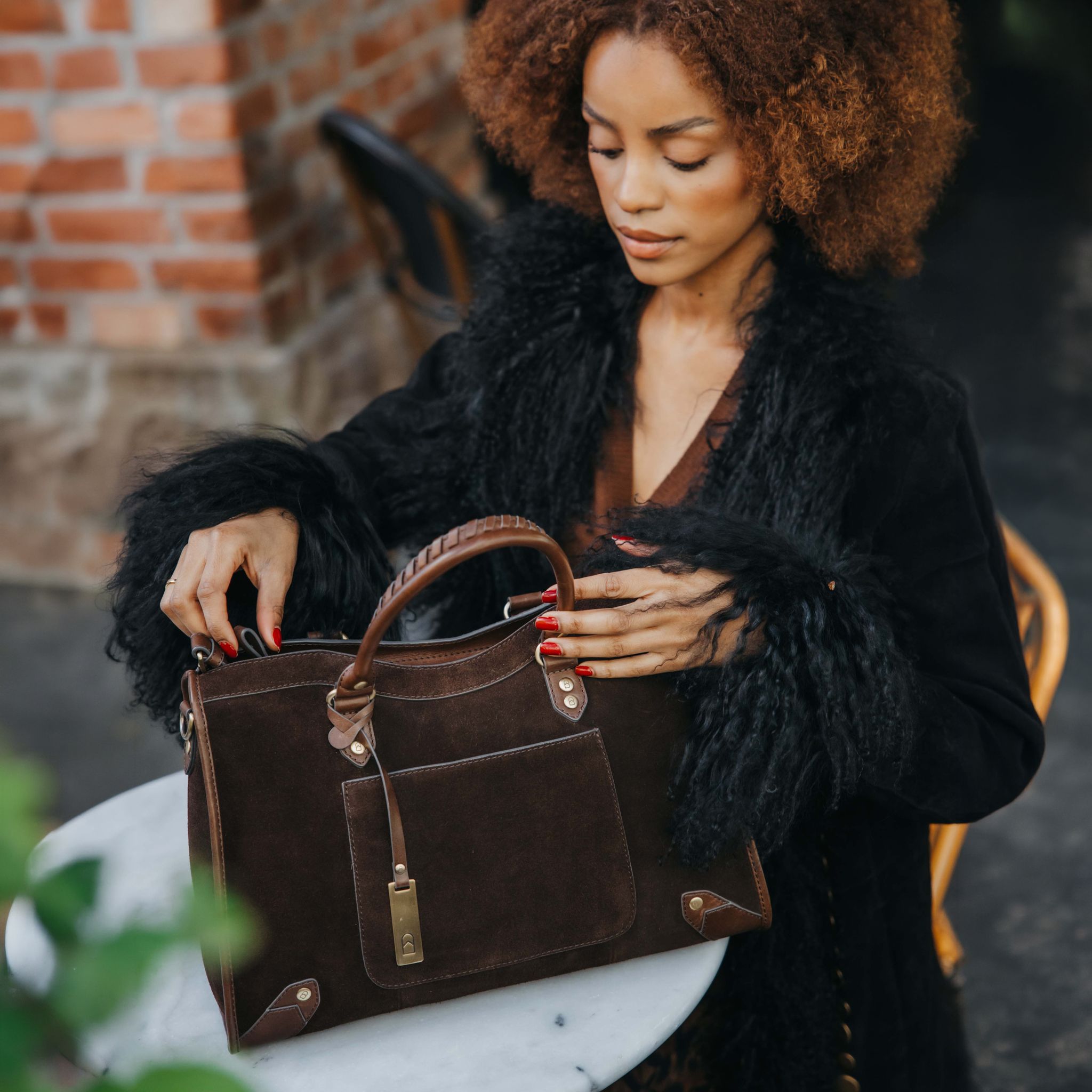 Vintage Look tote bag i skinn - Mørk brun