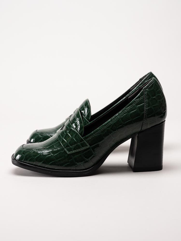 Tamaris - Gröna högklackade loafers i krokomönster