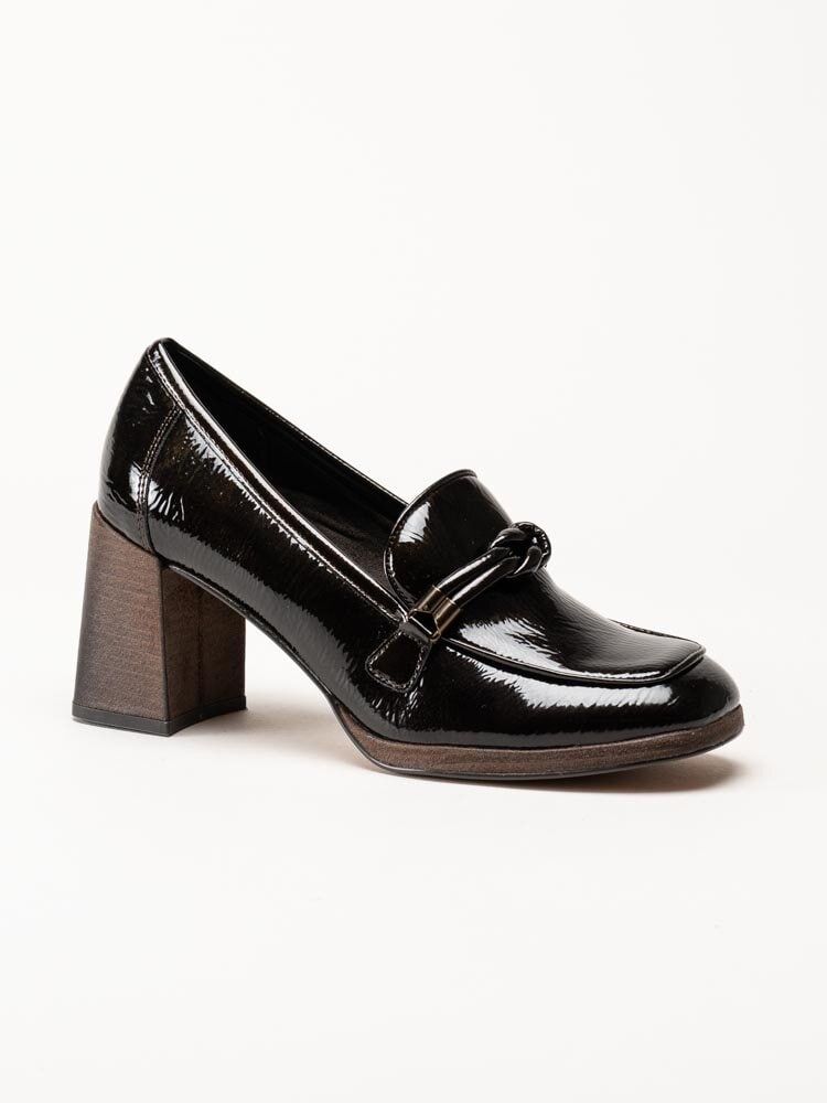 Marco Tozzi - Mörkbruna högklackade loafers i lack