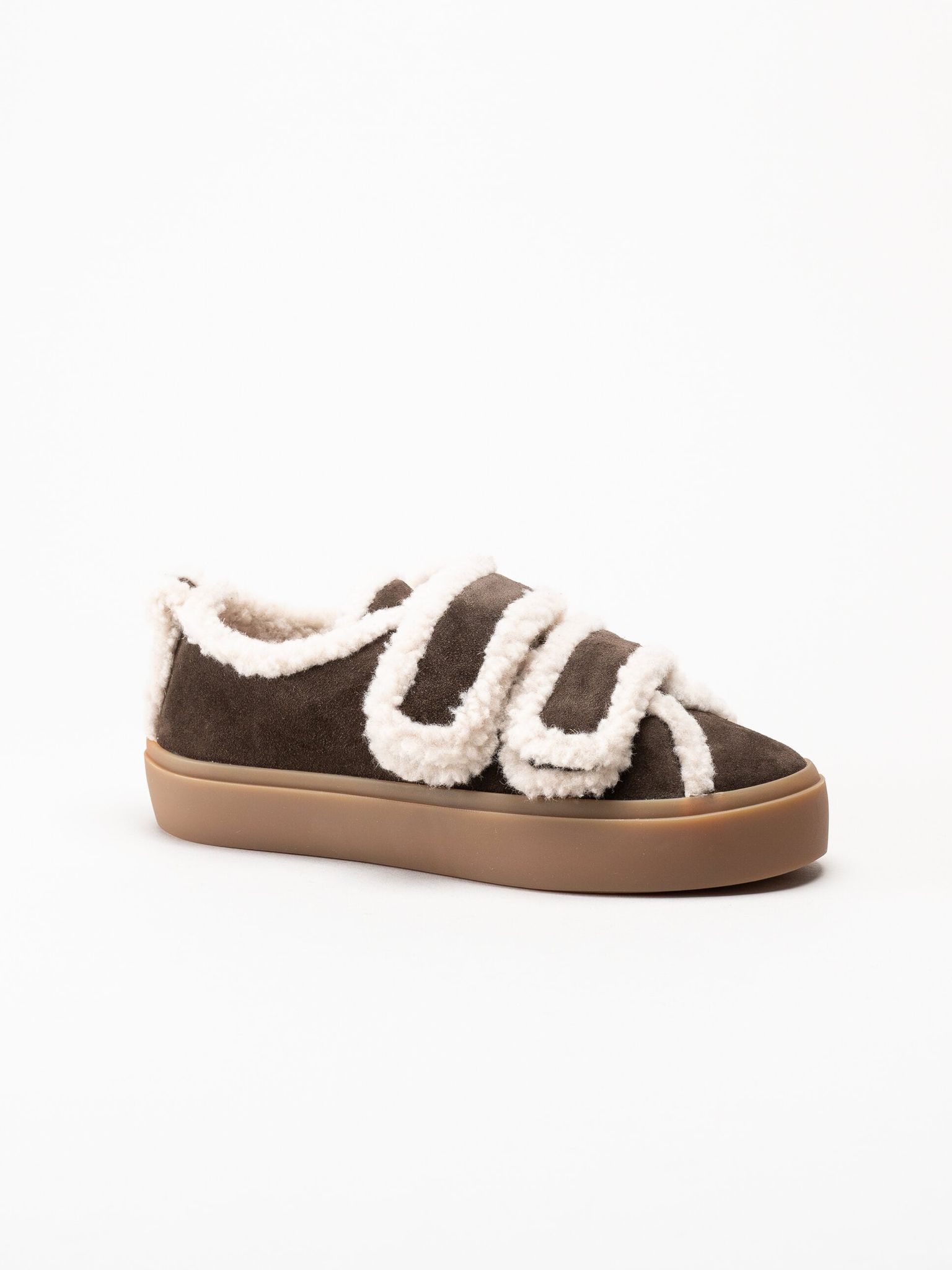 Inuikii - Shearling Low Velcro - Mörkbruna ullfodrade sneakers i mocka