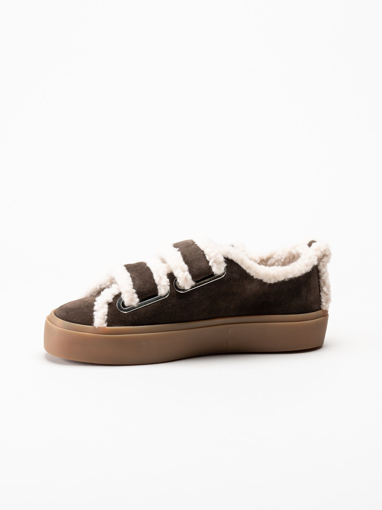Inuikii - Shearling Low Velcro - Mörkbruna ullfodrade sneakers i mocka