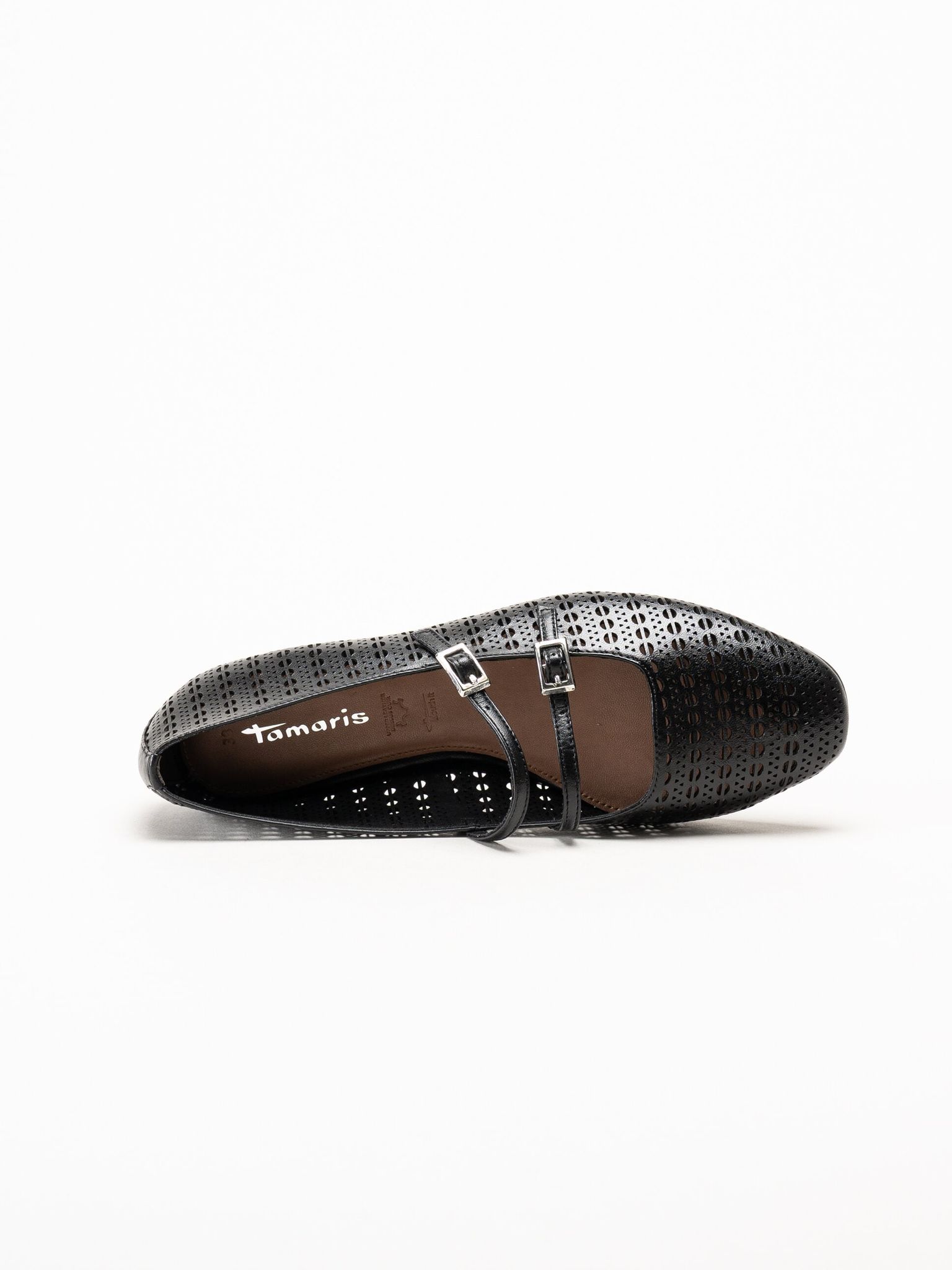Tamaris - Svarta ballerinaskor i skinn
