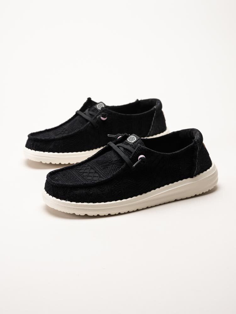 Hey Dude - Wendy Crochet Lace - Svarta tygskor med virkade spetsdetaljer