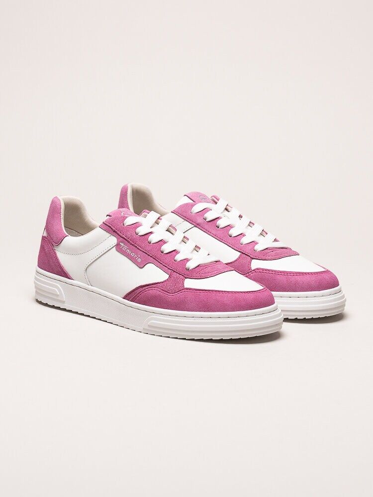 Tamaris - Vita och rosa sneakers i skinn