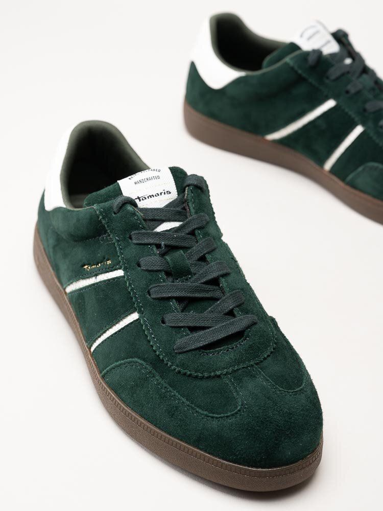 Tamaris - Mörkgröna retro sneakers i mocka