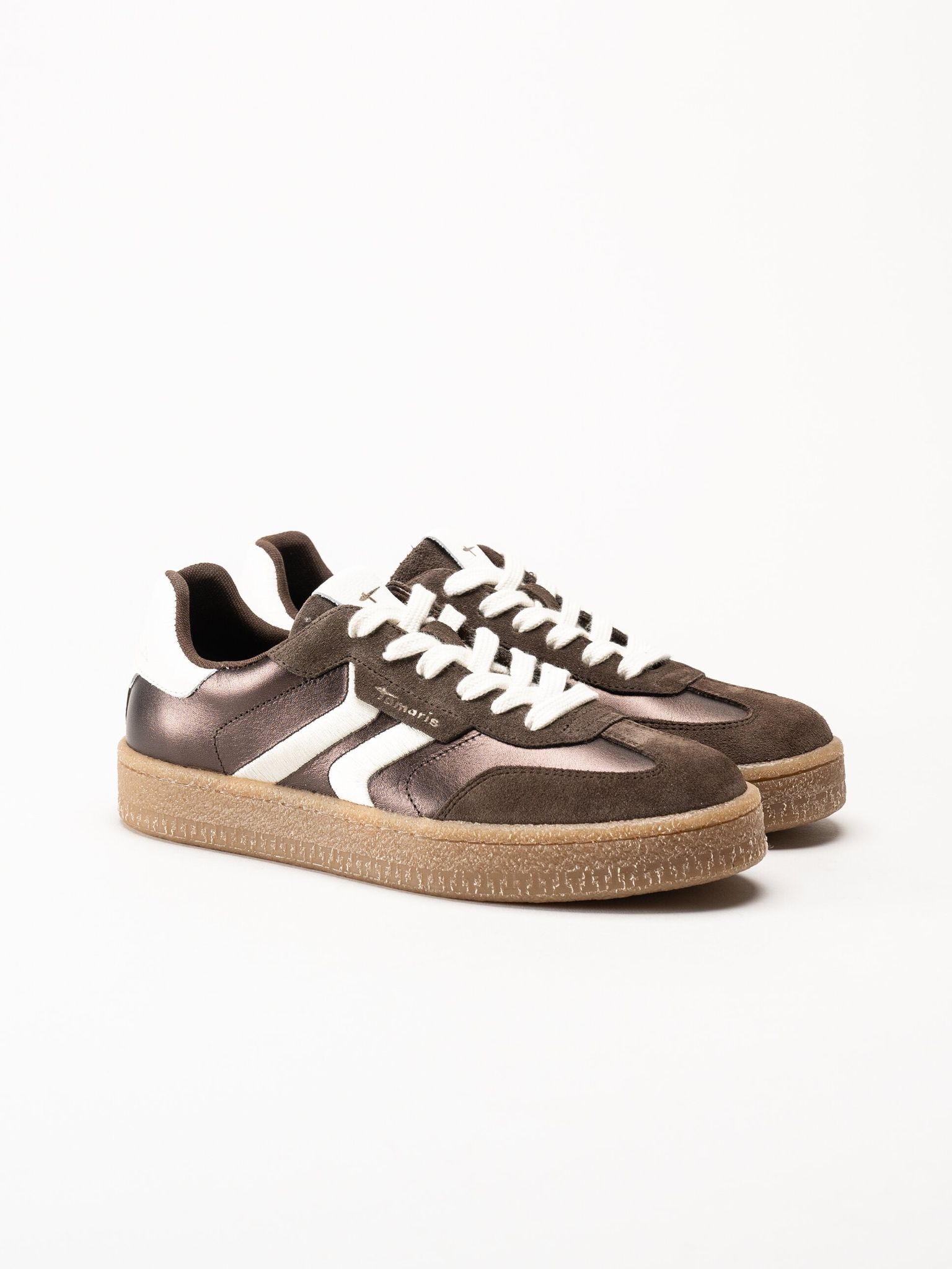 Tamaris - Mörkbruna sneakers i skinn och mocka