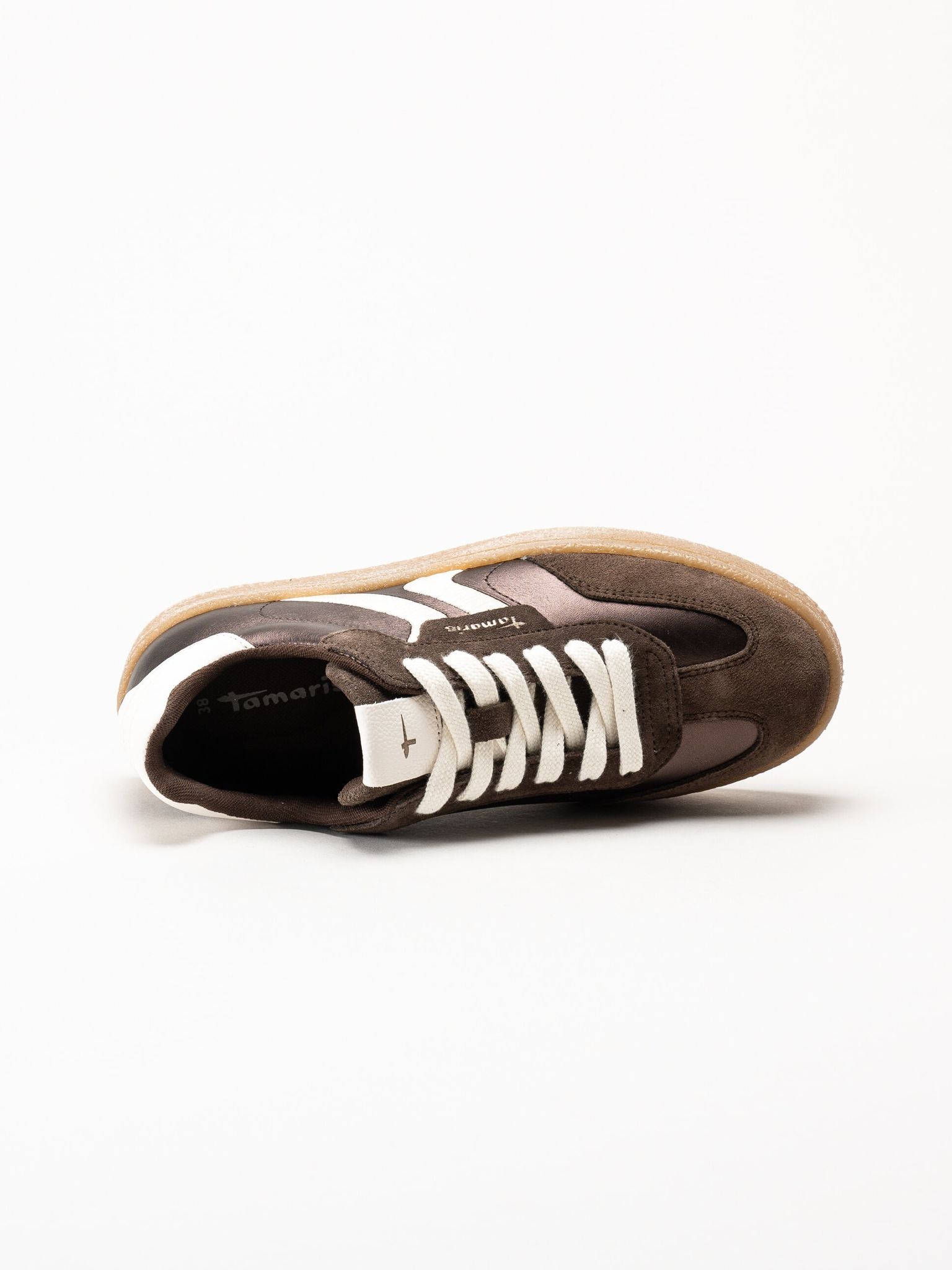 Tamaris - Mörkbruna sneakers i skinn och mocka