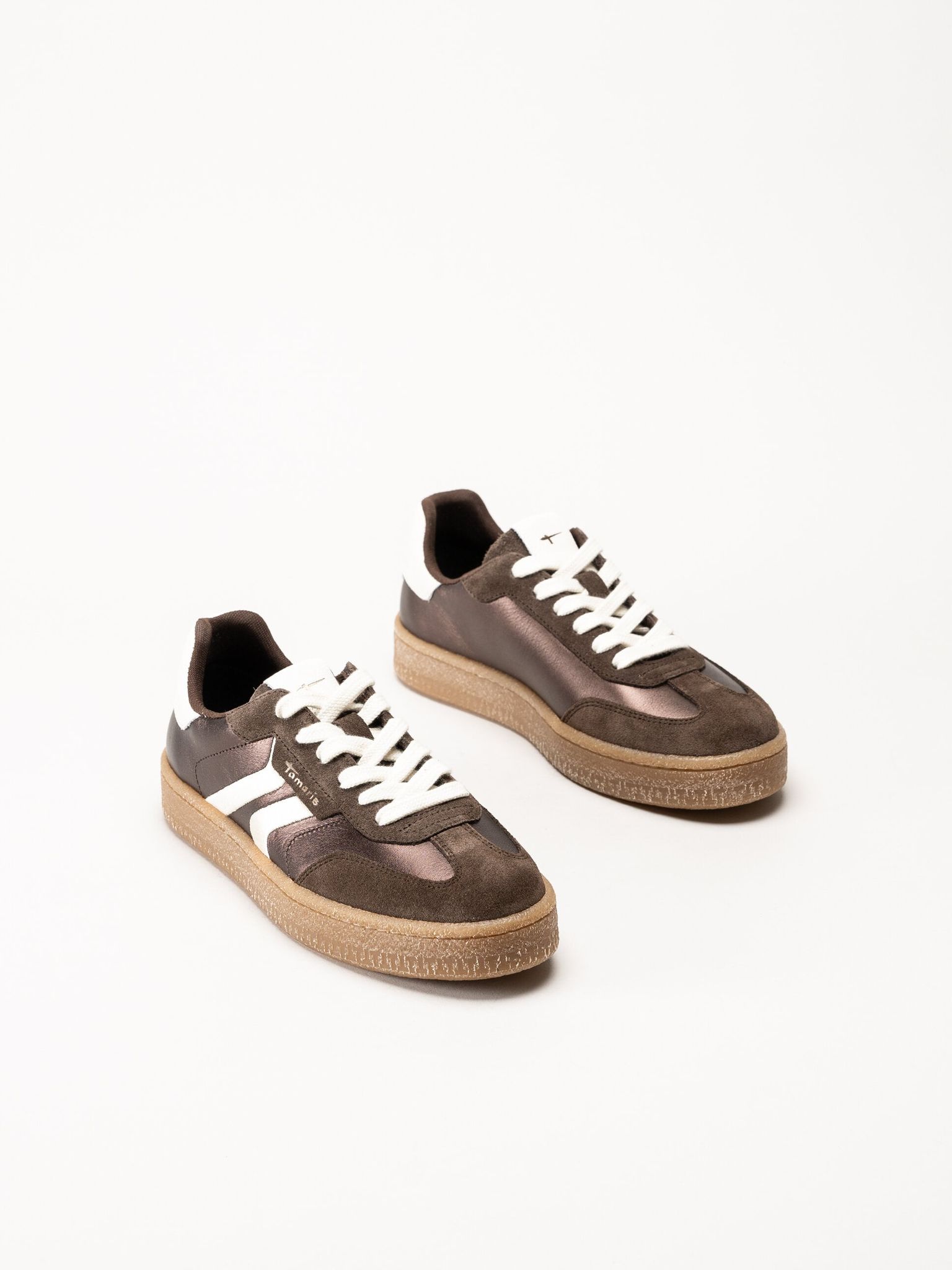 Tamaris - Mörkbruna sneakers i skinn och mocka