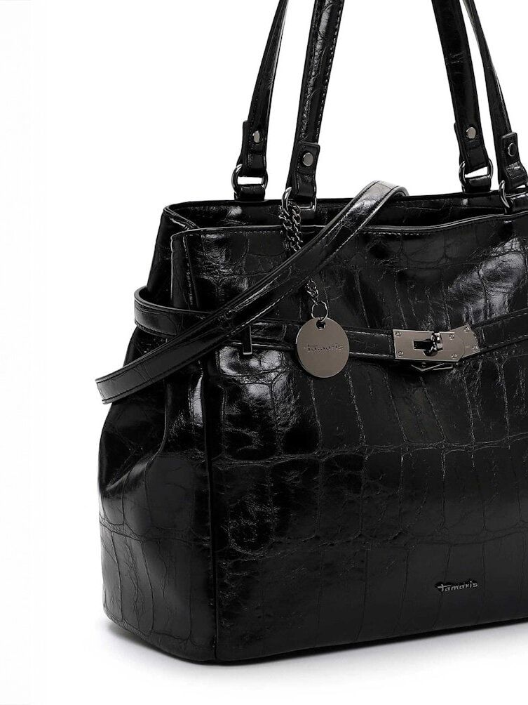 Tamaris bags - Gulia City Shopper L - Svart blank väska med crocomönster