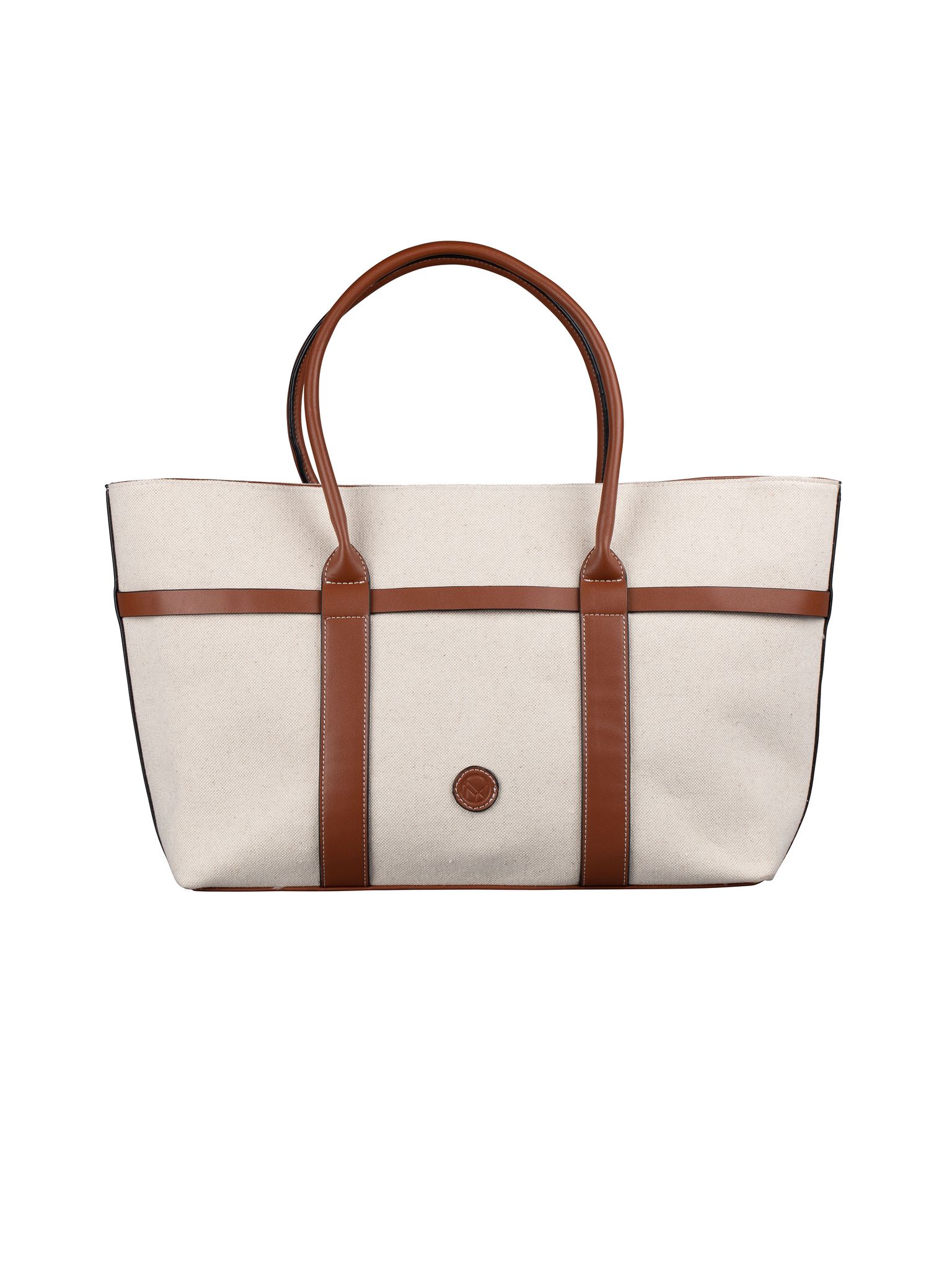 NYPD - Ljusbeige handväska i canvas med bruna detaljer