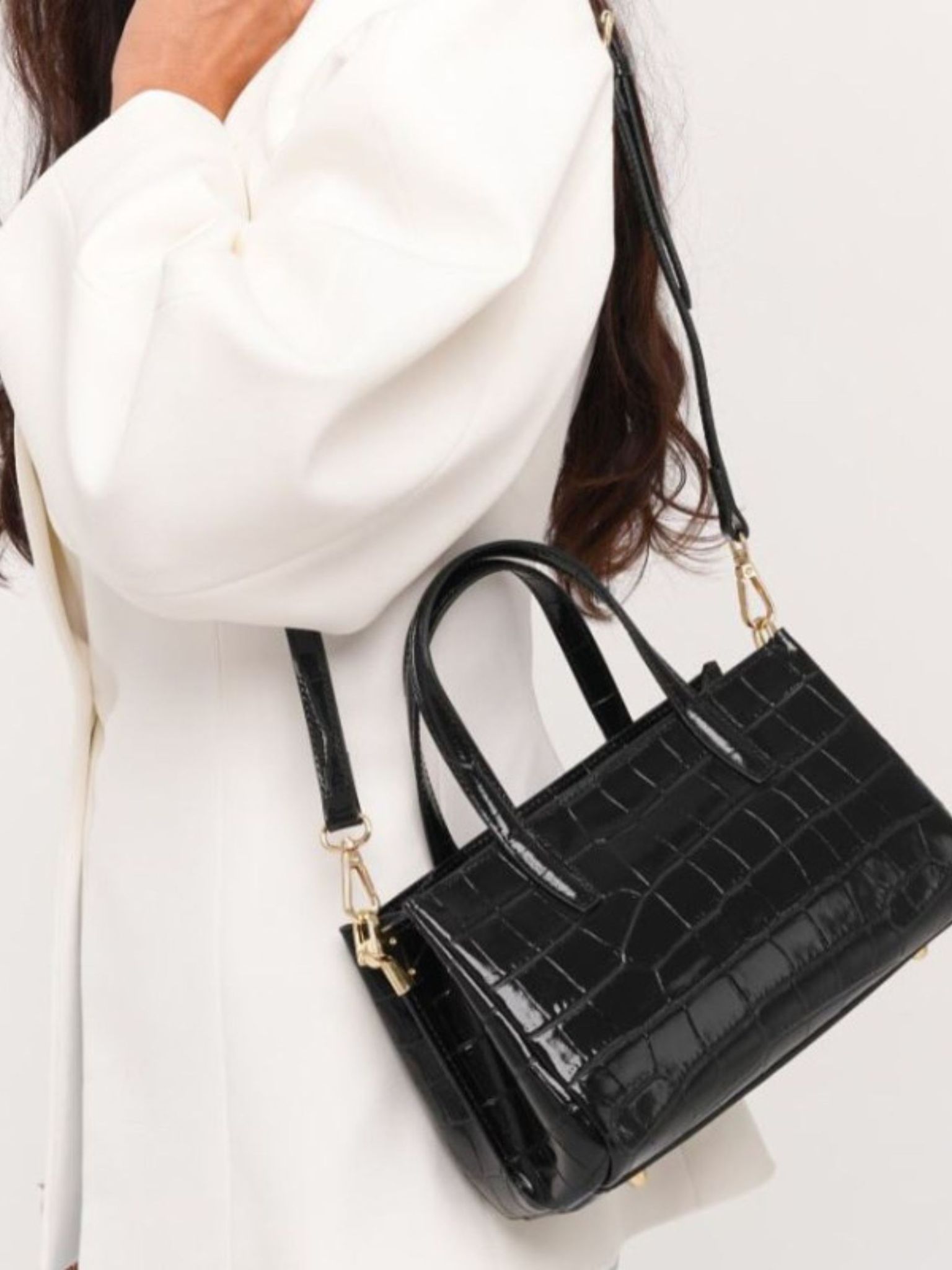 Latalia - Ancona bag croco - Svart blank väska med krokoprägling