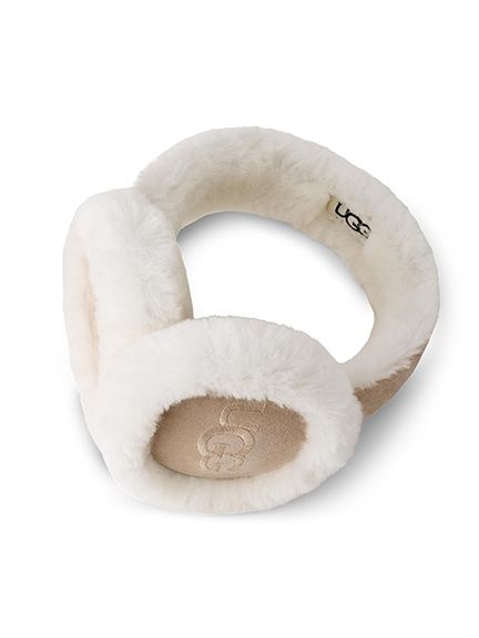 UGG - Sheepskin Embroidery Earmuff - Vita öronmuffar i fårskinn med beige textil