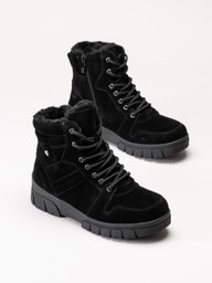 Svarta fodrade ankelboots med snörning, sidodragkedjor och kraftiga sulor.