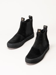 Svarta Chelsea boots i mocka med dragöglor med lönnlöv och kraftiga sulor