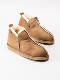 Beigefärgade ankelboots i mocka med fårskinn