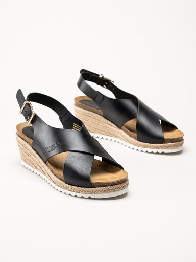Sweeks - Selma Cross - Svarta kilklackade sandaletter i skinn