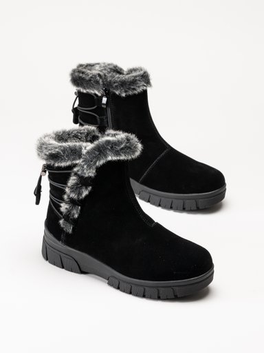 Svarta ankelboots med grå muddar i fuskpäls och kraftiga sulor