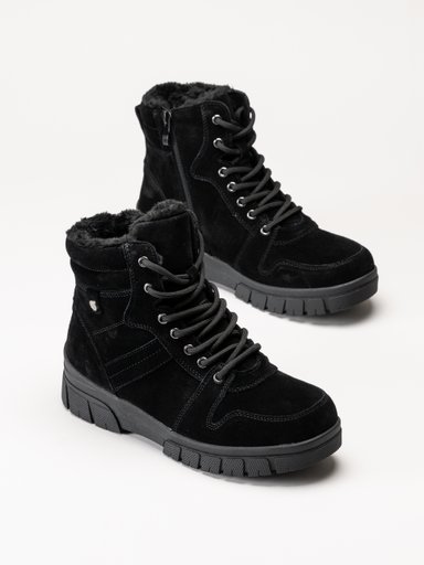 Svarta fodrade ankelboots med snörning, sidodragkedjor och kraftiga sulor.