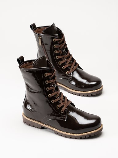 Mörkbruna, glansiga ankelboots med snörning och kraftiga sulor