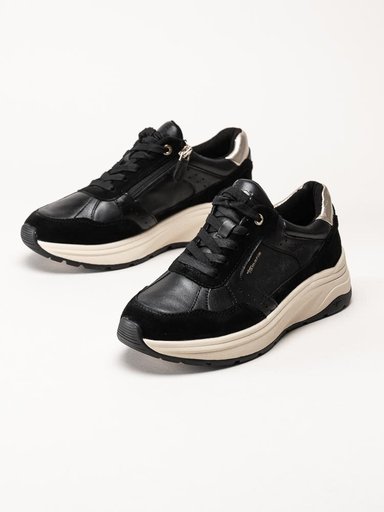 Tamaris - Svarta sneakers i skinn