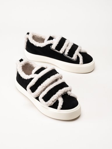 Inuikii - Shearling Low Velcro - Svarta ullfodrade sneakers i mocka