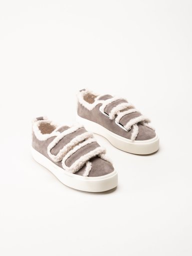 Inuikii - Shearling Low Velcro - Grå ullfodrade sneakers i mocka