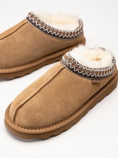 Wollies - Azteca - Ljusbruna fårskinnsfodrade tofflor i mocka