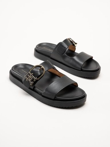 Tommy Hilfiger - Leather Sporty Mule - Svarta slip-in sandaler i skinn