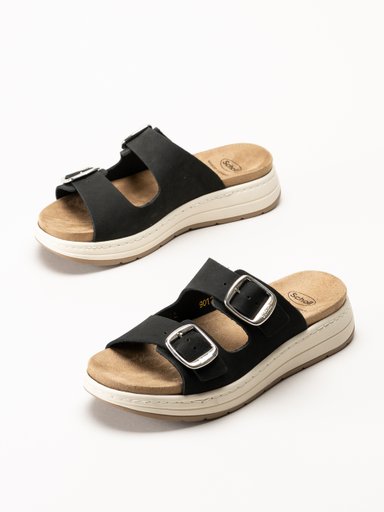 Scholl - Scilla 2 Buckles - Svarta sandaler i nubuck
