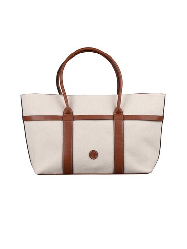 NYPD - Ljusbeige handväska i canvas med bruna detaljer