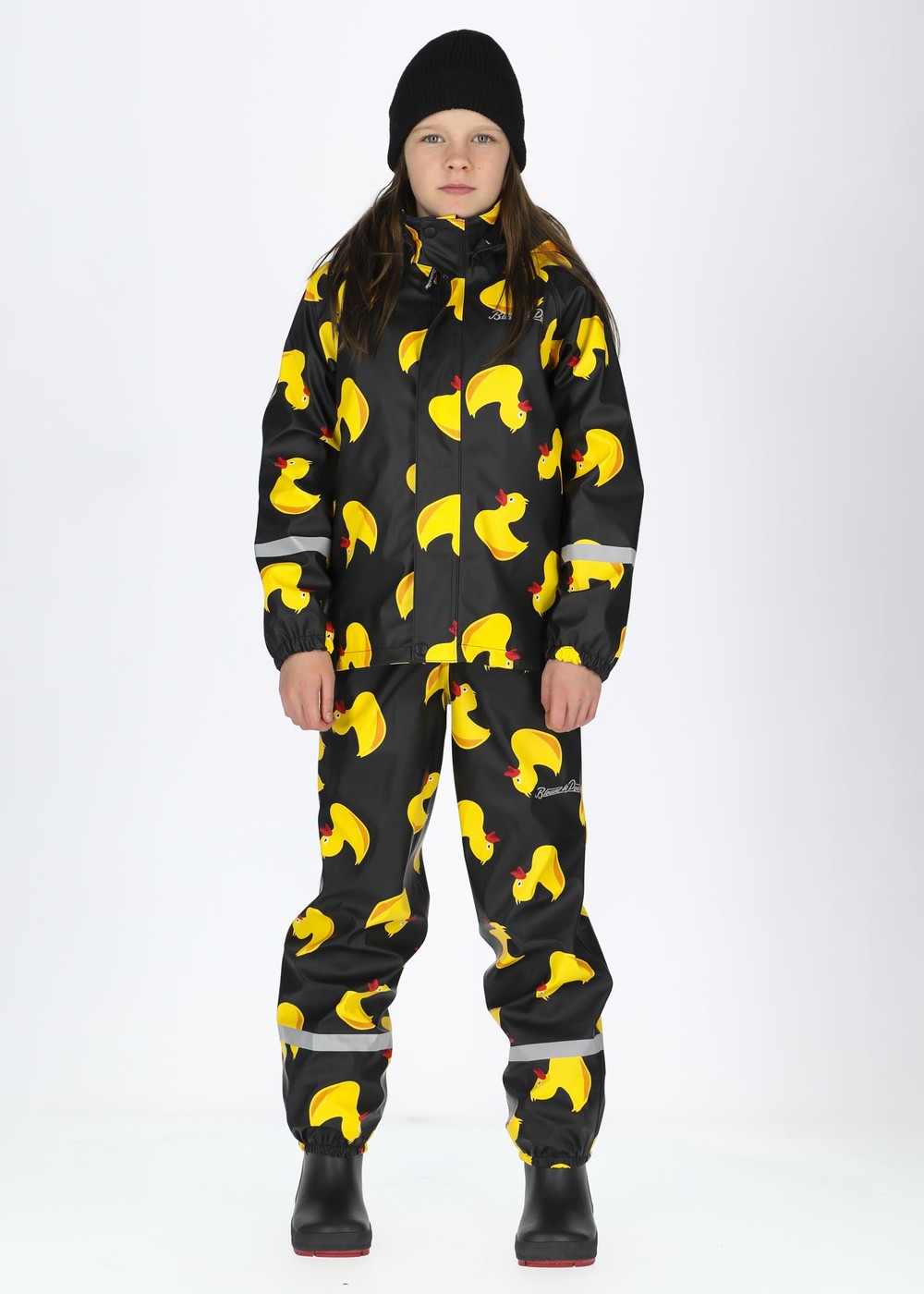 Drizzle Fleece Rain Set Jr, Black Yellow Duck, 120, Fodrade Regnkläder | Junior - Kläder - Regnkläder - Fodrade regnkläder | Padelspecialisterna