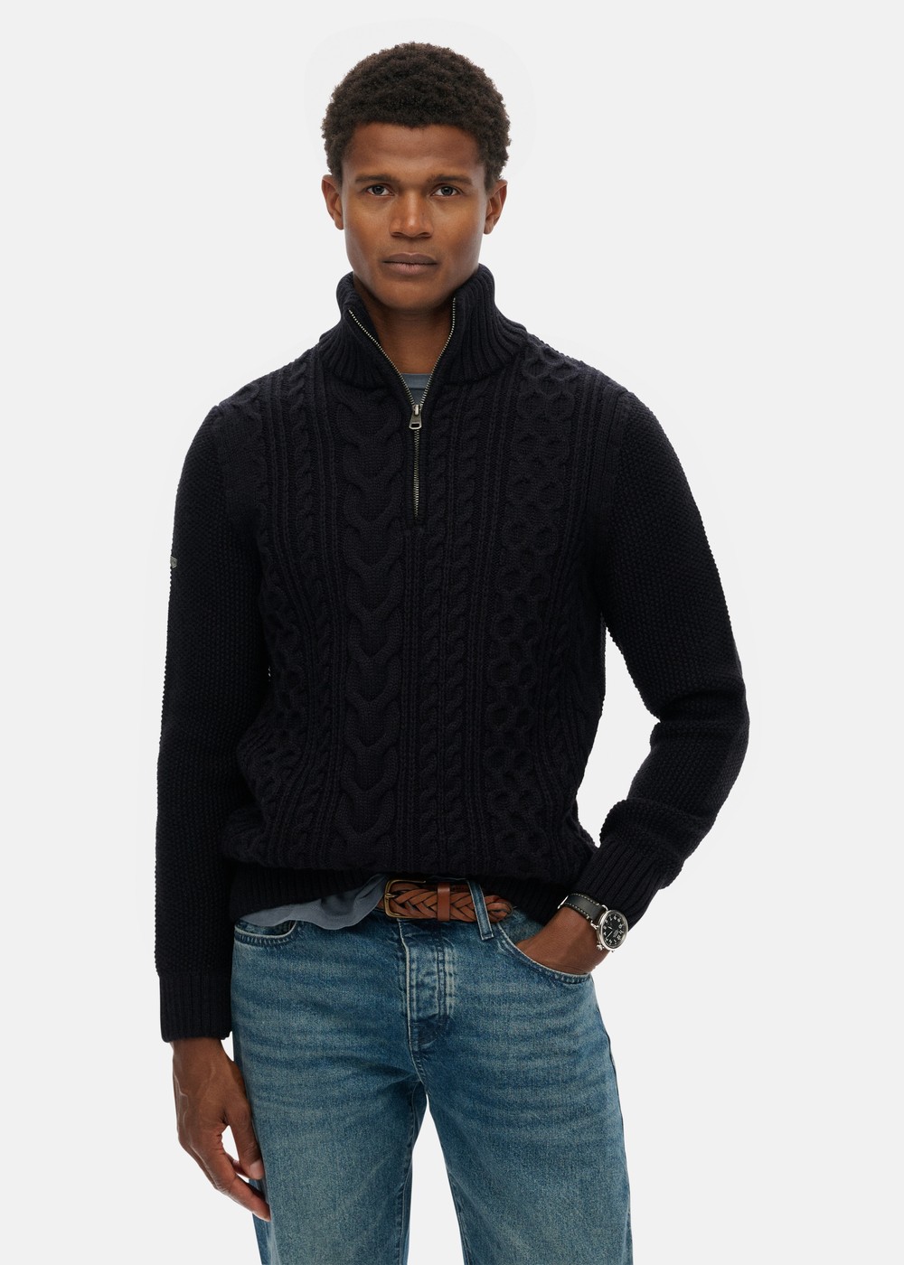 JACOB CABLE KNIT HALF ZIP, Eclipse Navy, L, Sweatshirts | Herr - KlÀder - Tröjor - Sweatshirts | Padelspecialisterna