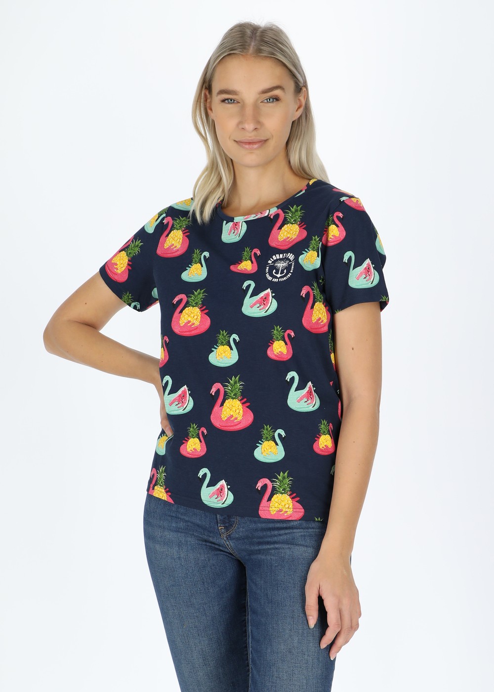 Jungle Tee W, Navy Flamingo Pineapple, 36, Strandkläder | Dam - Kläder - Badkläder - Strandkläder | Padelspecialisterna