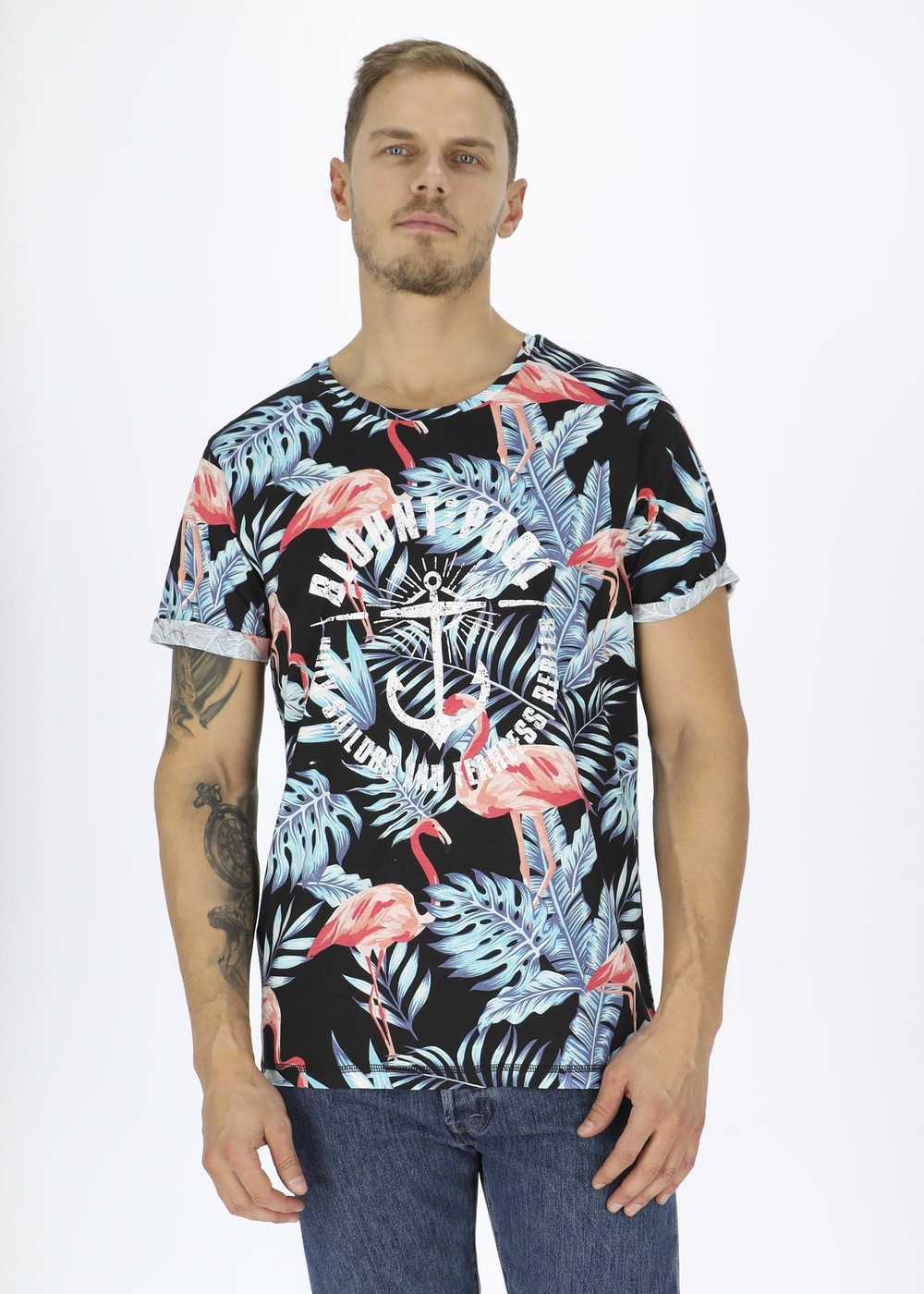 Tropical Tee, Black Flamingo Leaf, S, Strandkläder | Herr - Kläder - Badkläder - Strandkläder | Padelspecialisterna