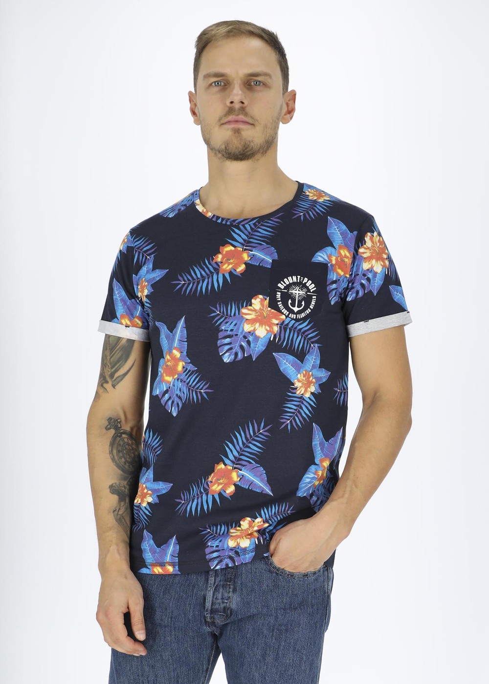 Tropical Pocket Tee, Navy Orange Flower, L, Strandkläder | Herr - Kläder - Badkläder - Strandkläder | Padelspecialisterna