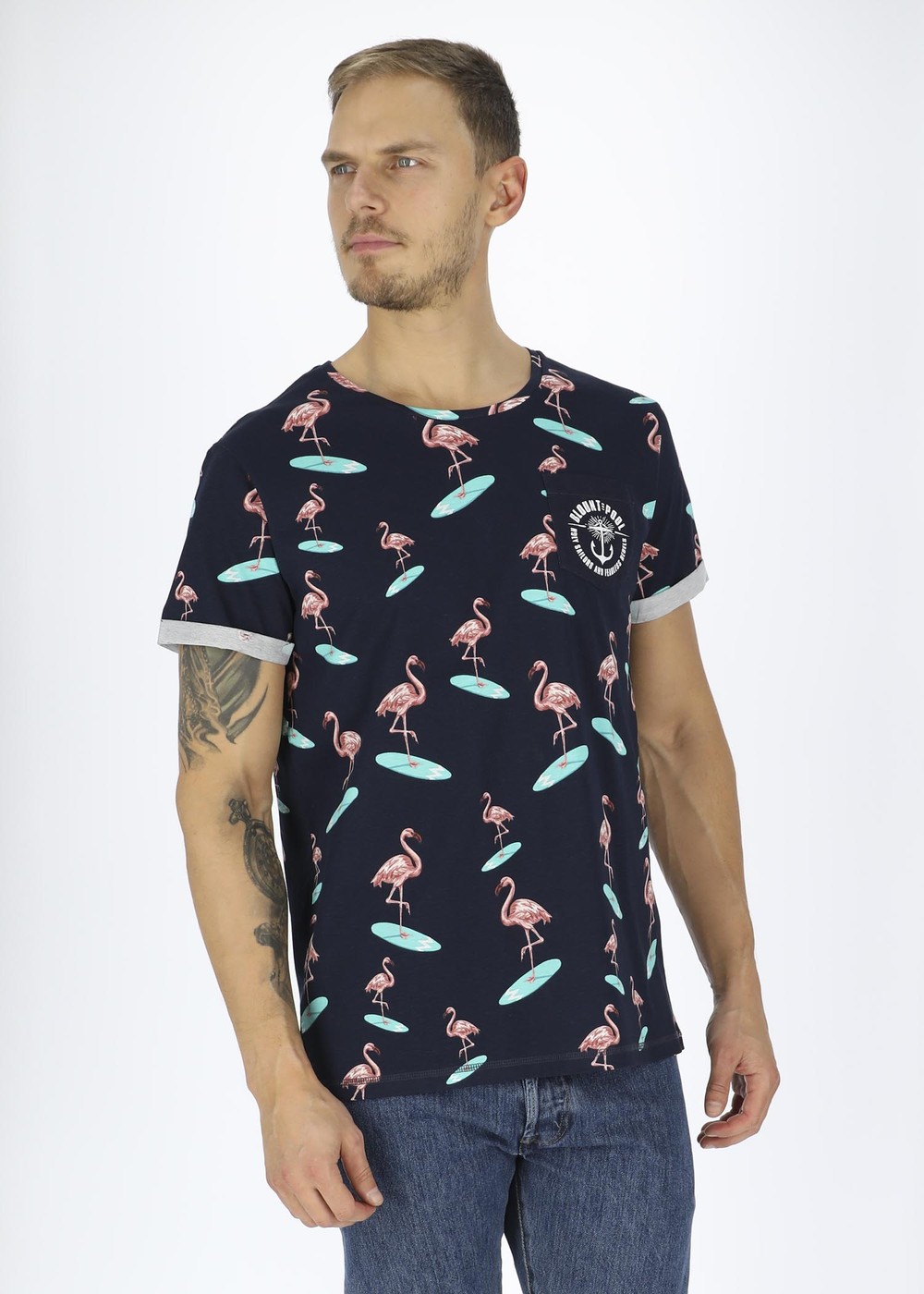 Tropical Pocket Tee, Navy Surfing Flamingo, S, Strandkläder | Herr - Kläder - Badkläder - Strandkläder | Padelspecialisterna