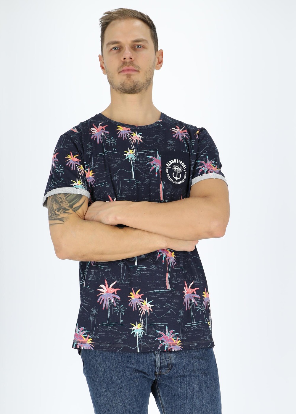 Tropical Pocket Tee, Navy Sea Palm, M, Strandkläder | Herr - Kläder - Badkläder - Strandkläder | Padelspecialisterna