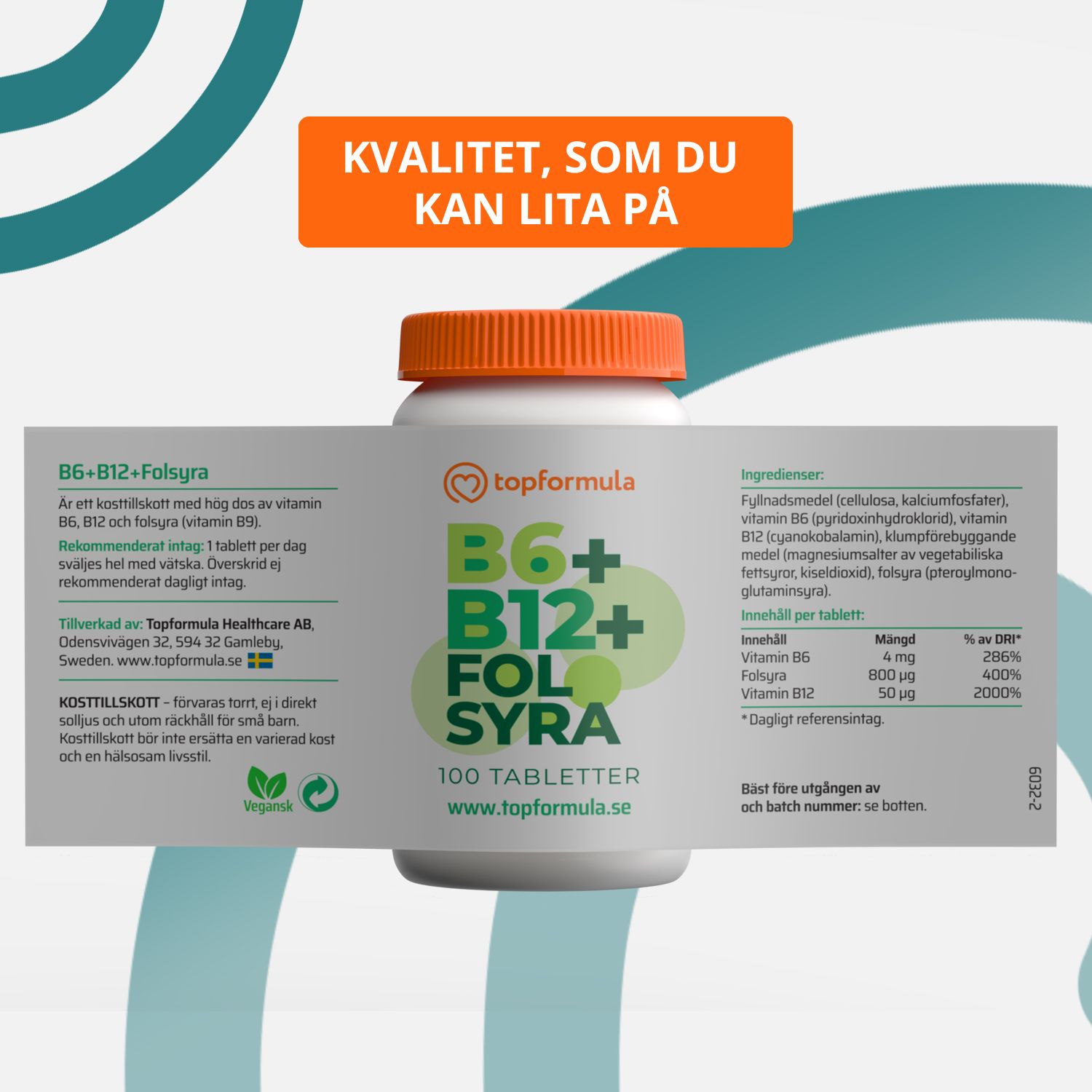 Topformula | B6+B12+Folsyra | 100 tabletter