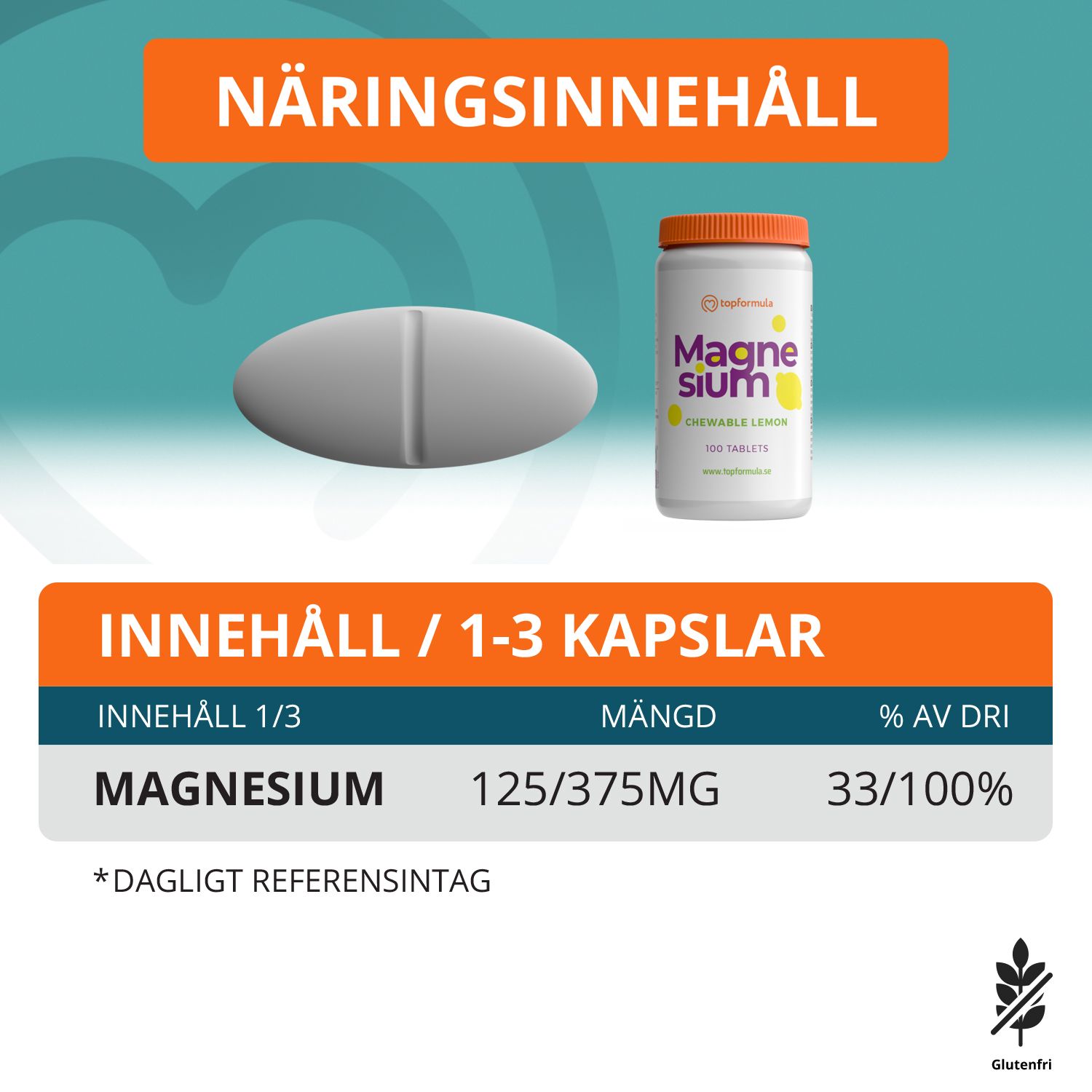 Topformula | Magnesium Tugg Citron | 100 tabletter