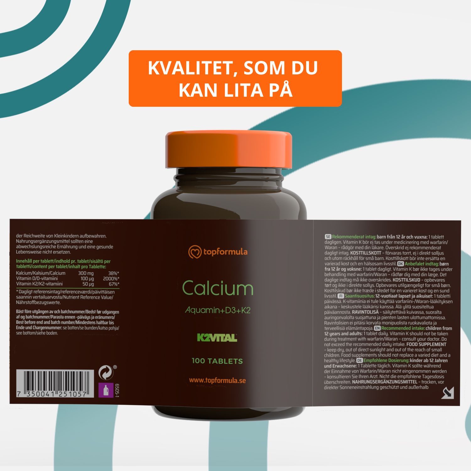 Topformula | Calcium Aquamin + D3 och K2 | 100 tabletter