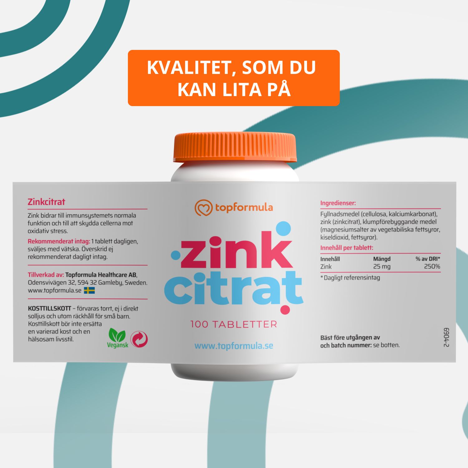 Topformula | Zinkcitrat | 25 mg | 100 tabletter